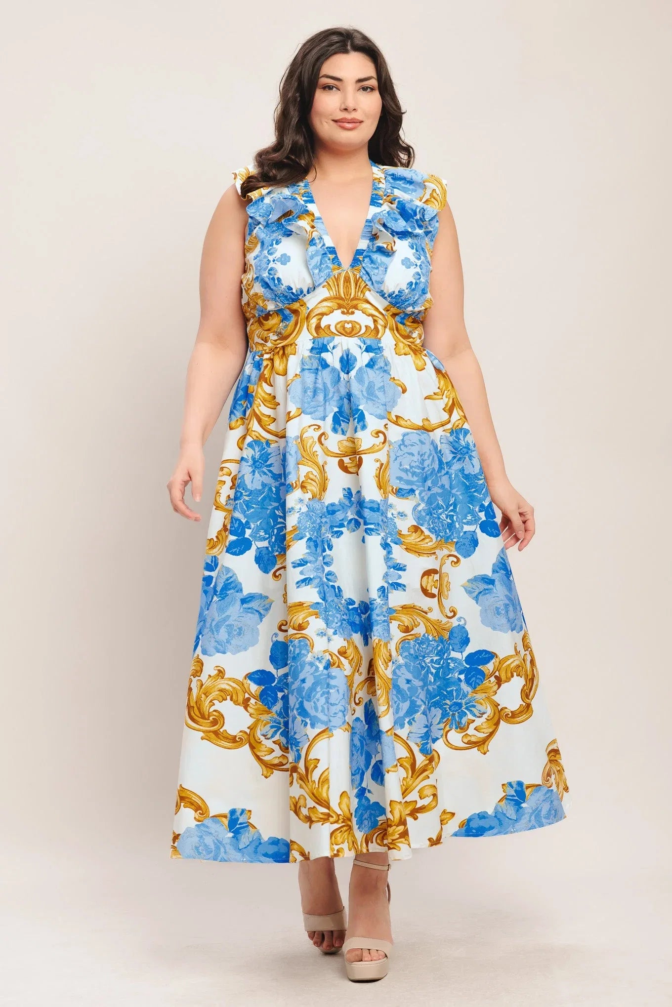 BAROQUE BLOOM BLUE MIDI DRESS