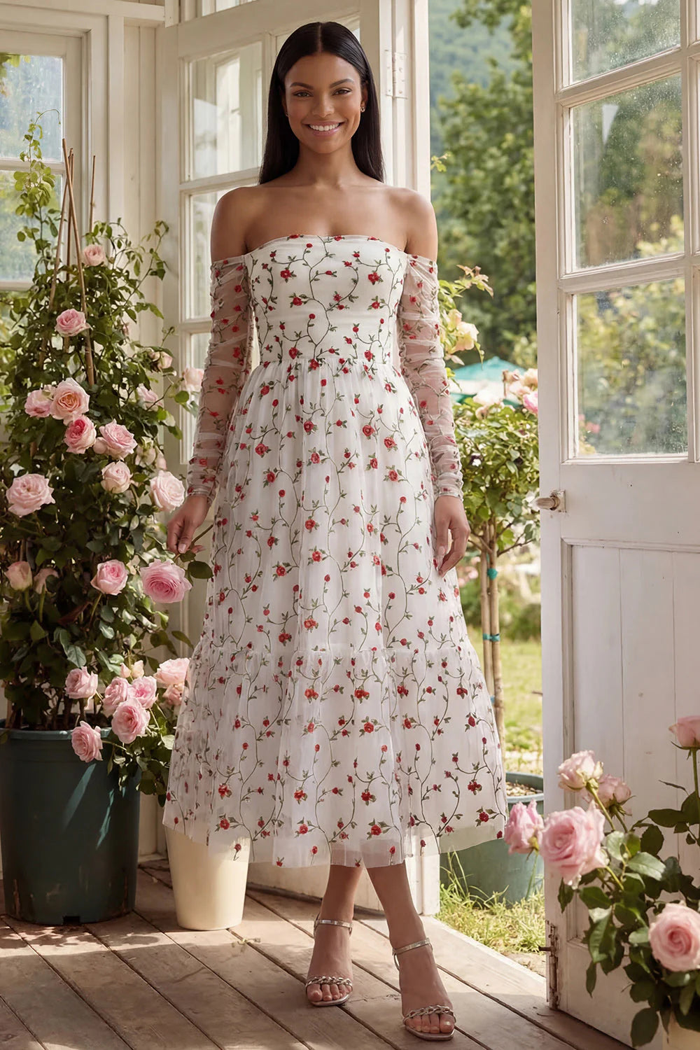 Off the Shoulder Ivory Floral A Line Wedding Guest Dress