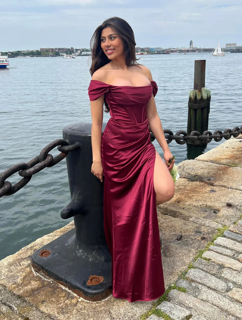 MABEL GOWN OFF THE SHOULDER LUXE SATIN CORSET DRESS