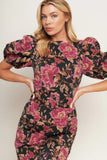 ROSE PUFF SLEEVE FITTED MIDI DRESS