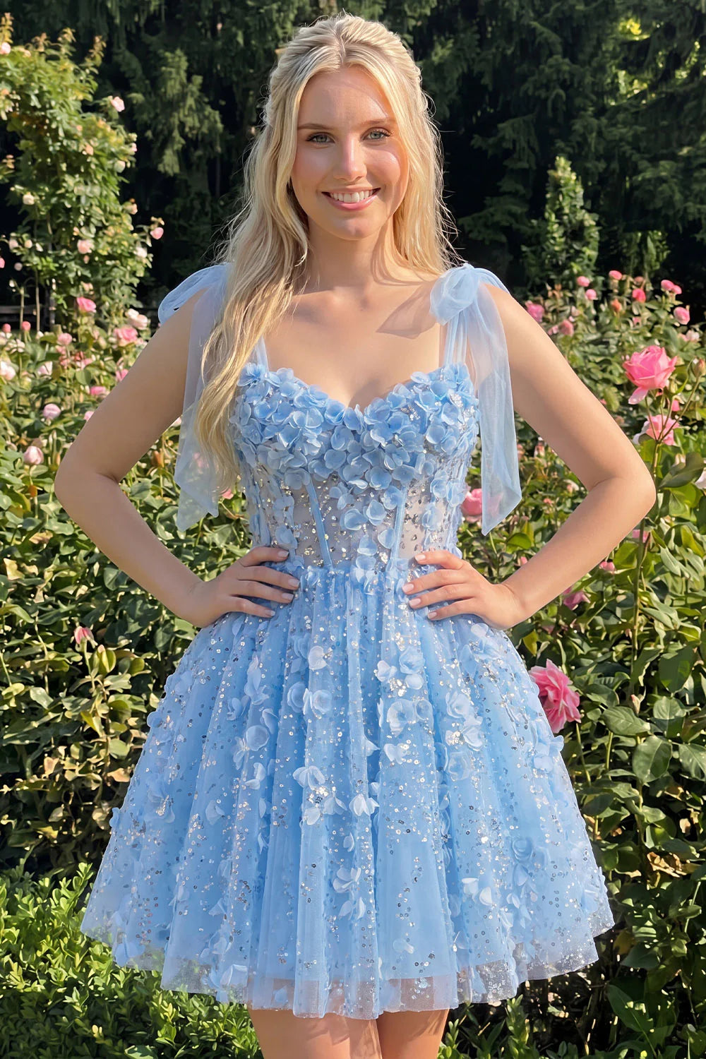 Lilac Sequin A Line Corset Short Homecoming Dress with 3D Flowers