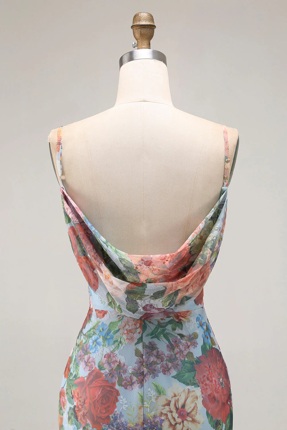 Multi Flower Sheath Spaghetti Straps Open Back Long Floral Dress with Slit