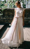A Line Bateau Chiffon and Lace Floor length Short Sleeve Wedding Dress with Ribbon