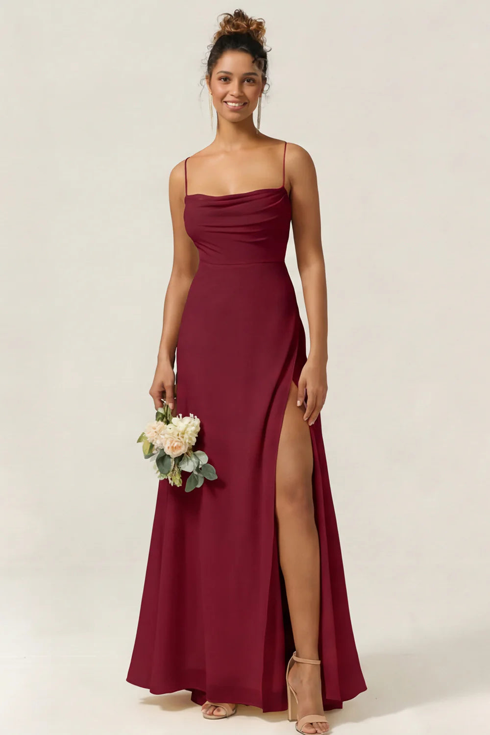 Blue Flower A Line Spaghetti Straps Chiffon Long Bridesmaid Dress with Slit