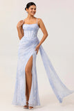 Blue Floral Spaghetti Straps Mermaid Streamer Corset Long Plus Size Bridesmaid Dress with Slit