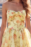 Yellow A Line Strapless Floral Homecoming Dress with Lace up Back