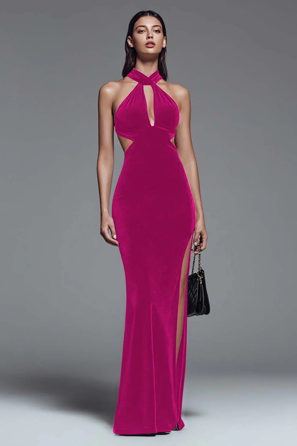 Dark Green Halter Cut Out Mermaid Velvet Formal Dress with Slit