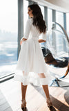 Modern Satin V neck A Line Tea length Wedding Dress
