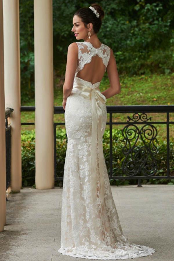 Classic Mermaid V Neck White Lace Backless Wedding Bridal Dress