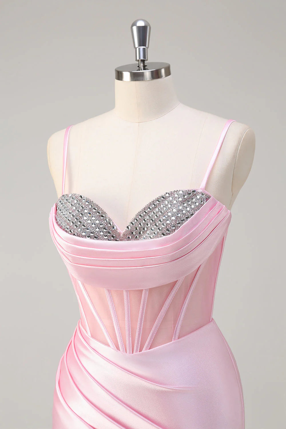 Pink Mermaid Spaghetti Straps Ruched Corset Beaded Long Prom Dress with Slit