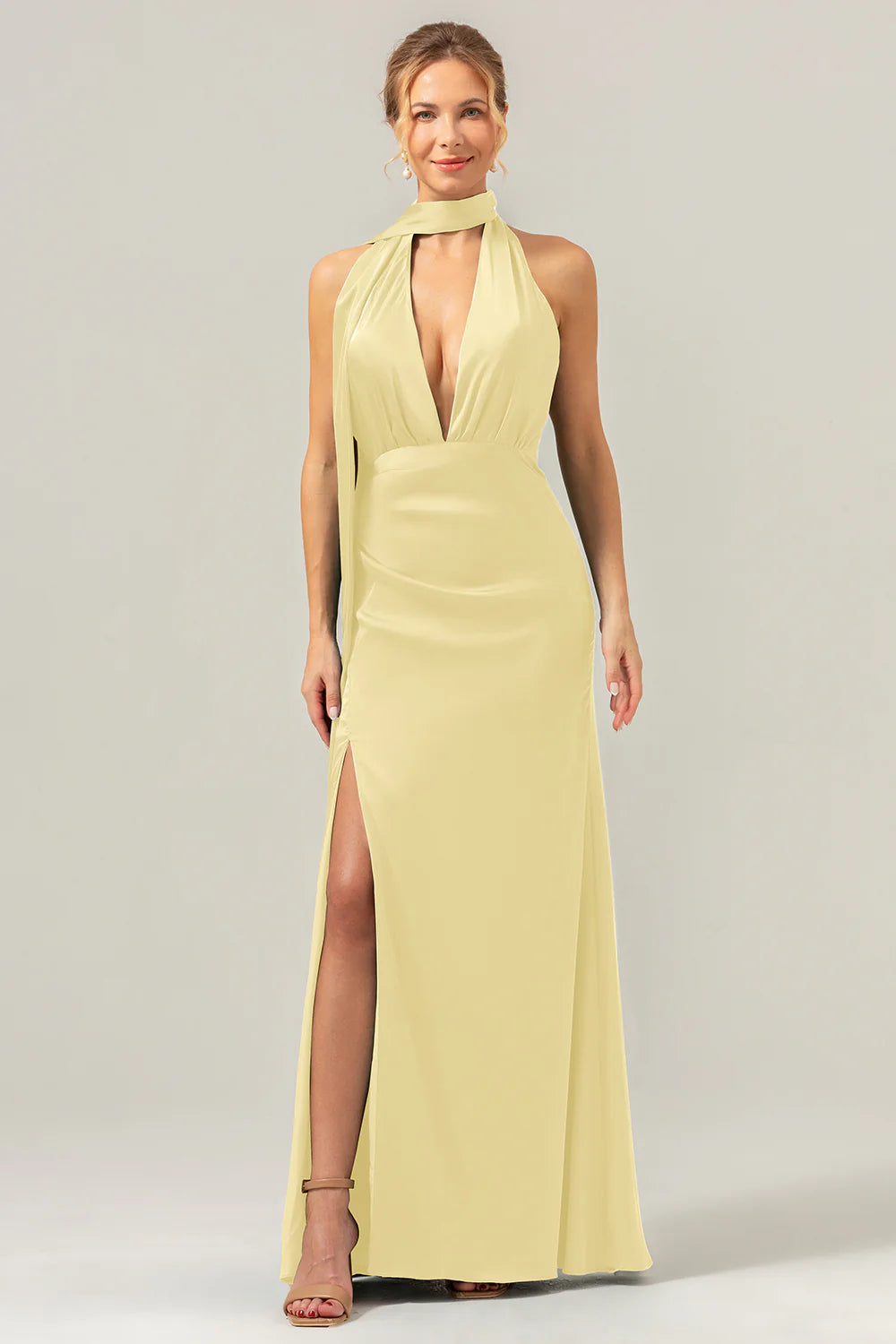Peacock Sheath Deep V Neck Open Back Convertible Long Satin Bridesmaid Dress with Streamer
