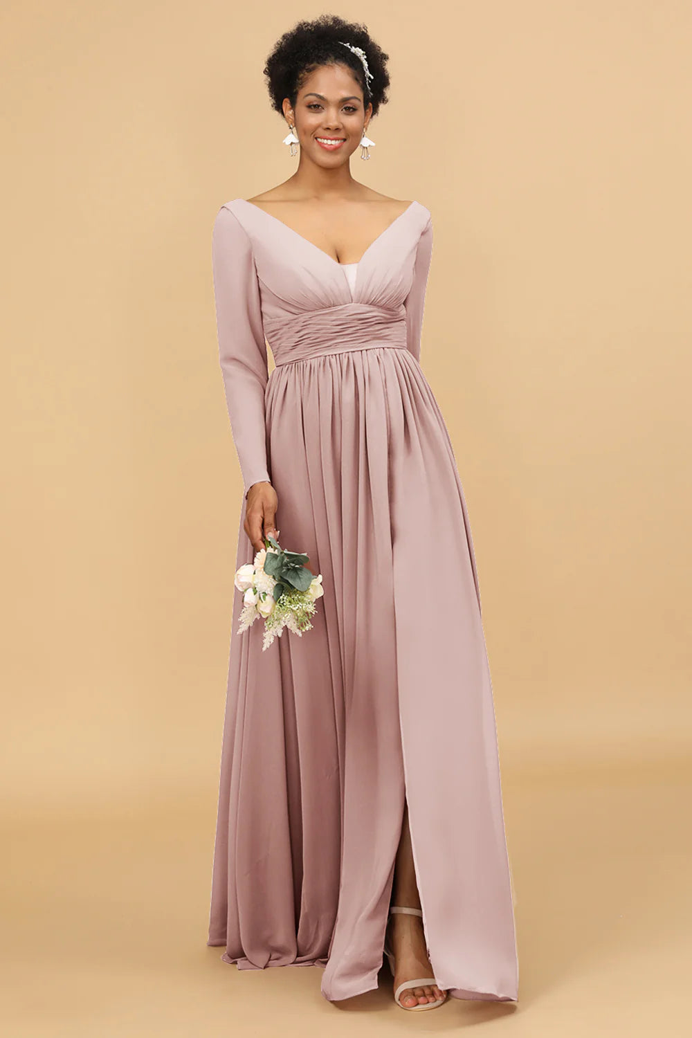 A Line V Neck Long Sleeves Chiffon Bridesmaid Dress with Slit