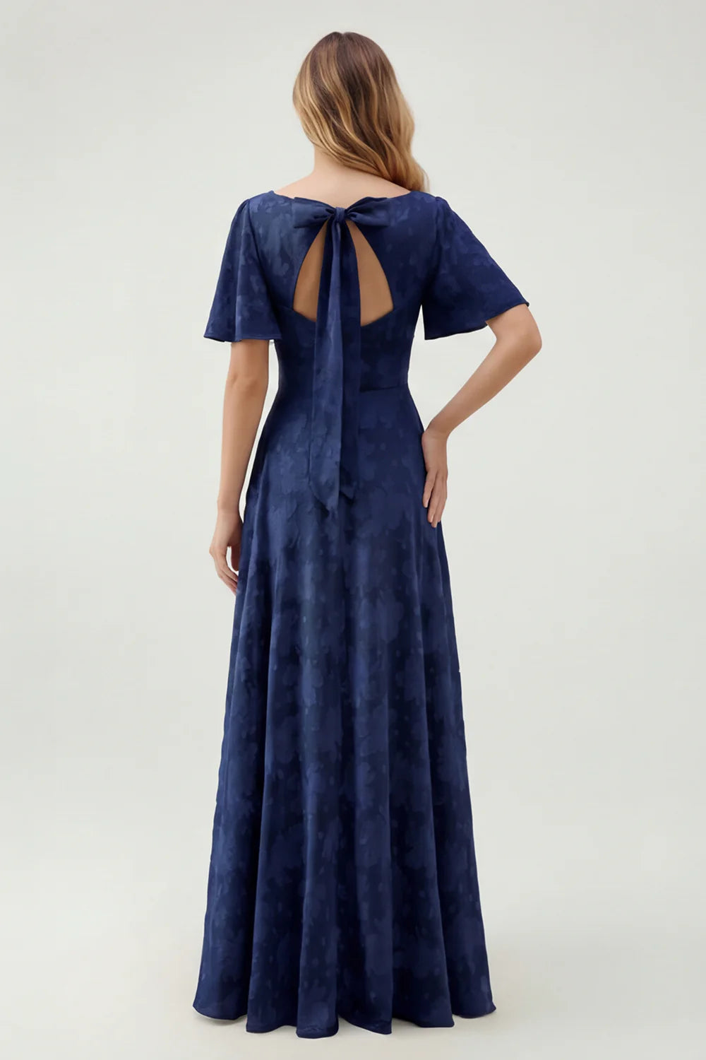 A Line Sage Green Floral Jacquard Flutter Sleeves Maxi Dress with Bow Back