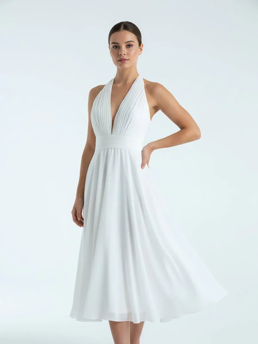 Vintage Tea Length Chiffon Wedding Dress With Halter Neck and Bow