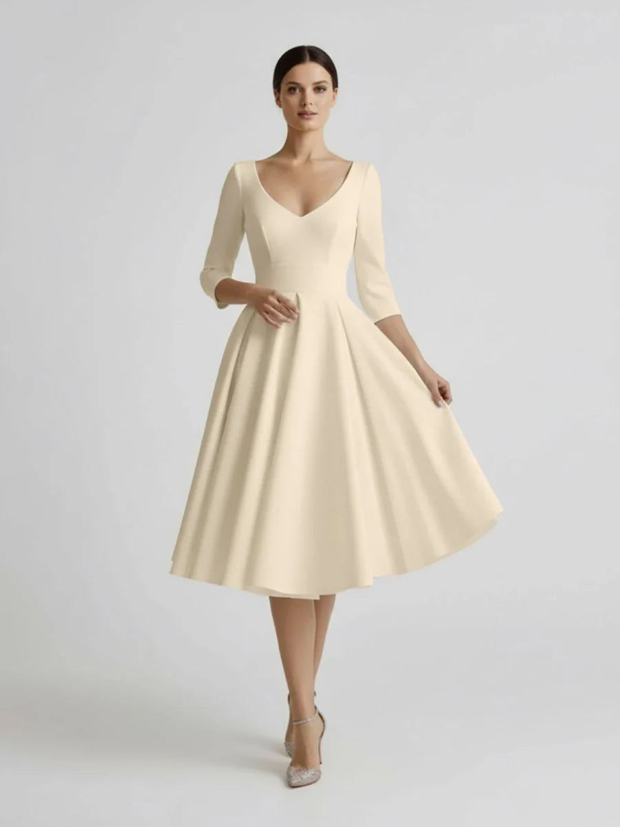 Vintage Sleeved A Line V neck Satin Tea Length Wedding Dress
