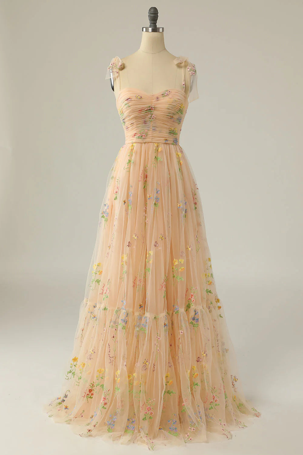 Grey Blue A Line Spaghetti Straps Tulle Floral Long Prom Dress With Embroidery