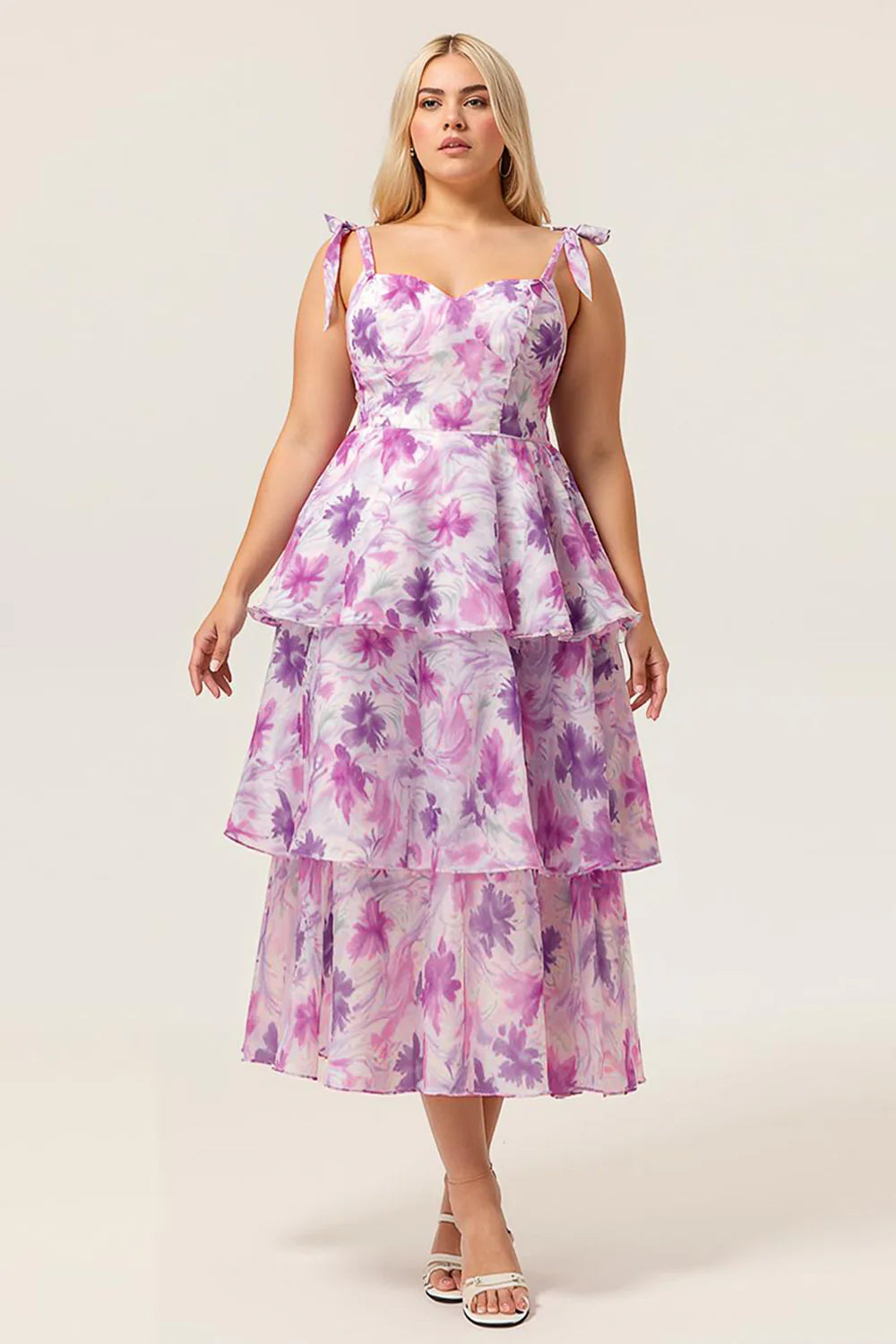 Purple Flower A Line Lace Up Back Tiered Print Midi Plus Size Dress with Straps Bows