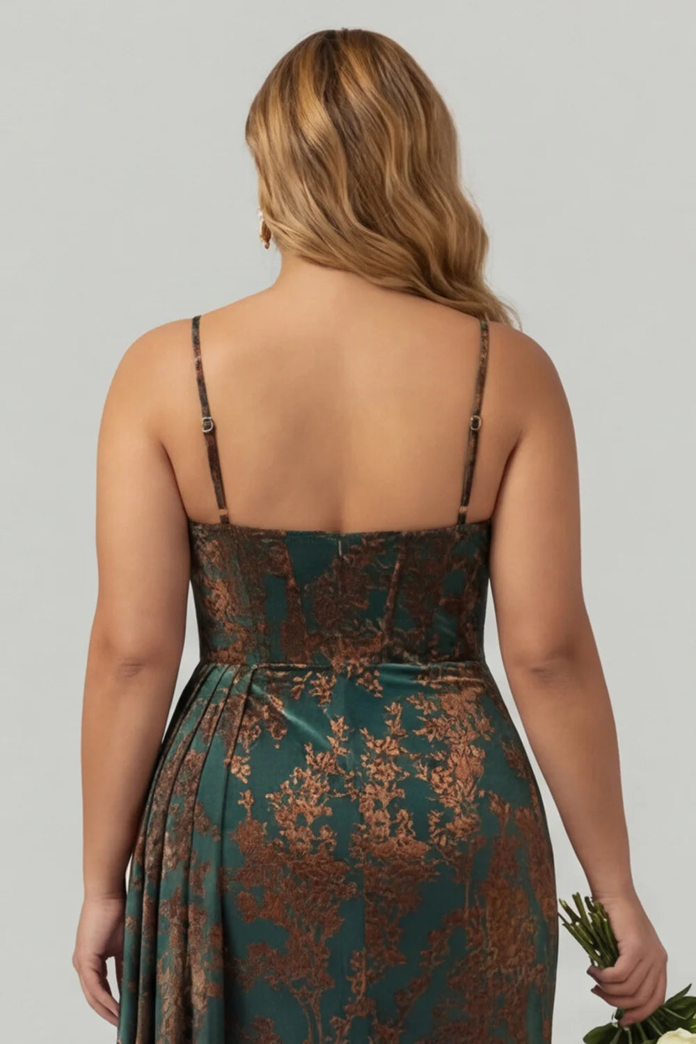 Dark Green Floral Burnout Velvet Mermaid Corset Streamer Plus Size Bridesmaid Dress with Slit