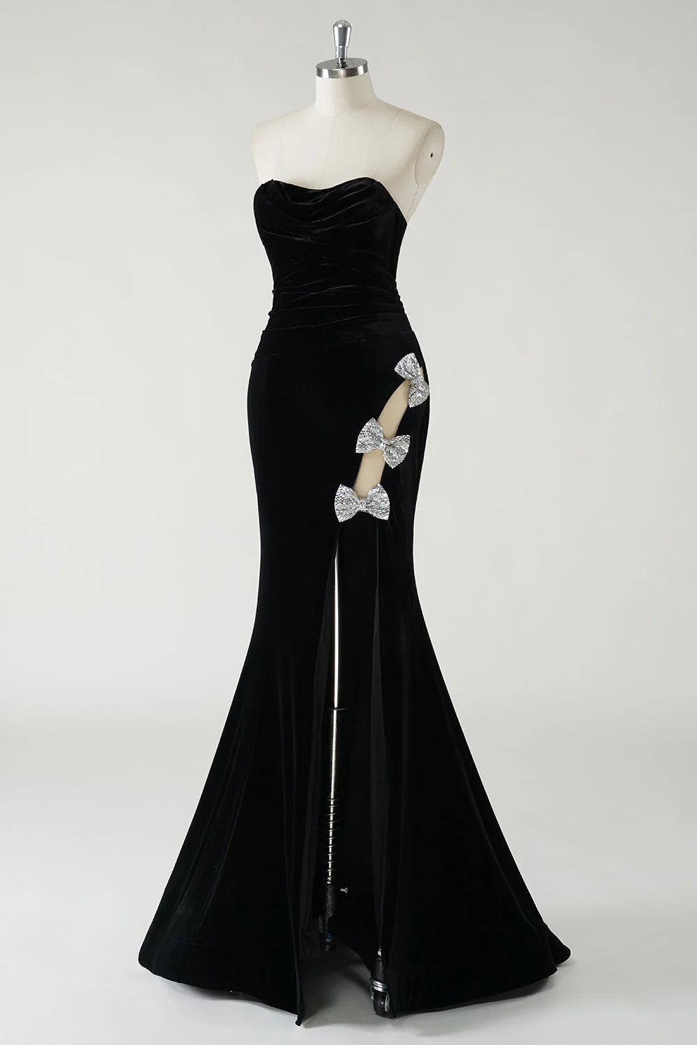 Sparkly Black Mermaid Strapless Velvet Bows Long Prom Dress With High Slit