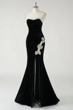 Sparkly Black Mermaid Strapless Velvet Bows Long Prom Dress With High Slit
