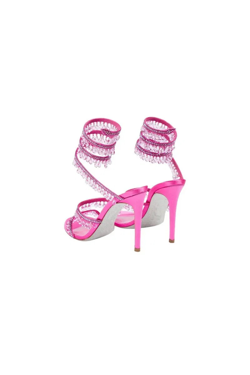 Open Toe Ankle Wrap Beaded Crystal Stiletto Heels