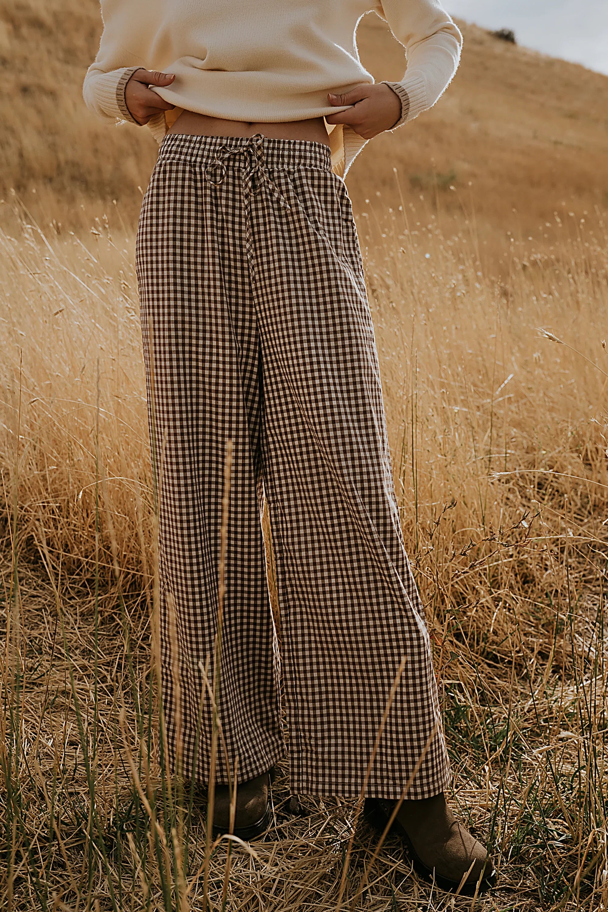 Ada Gingham Wide Leg Pants in Brown FINAL SALE