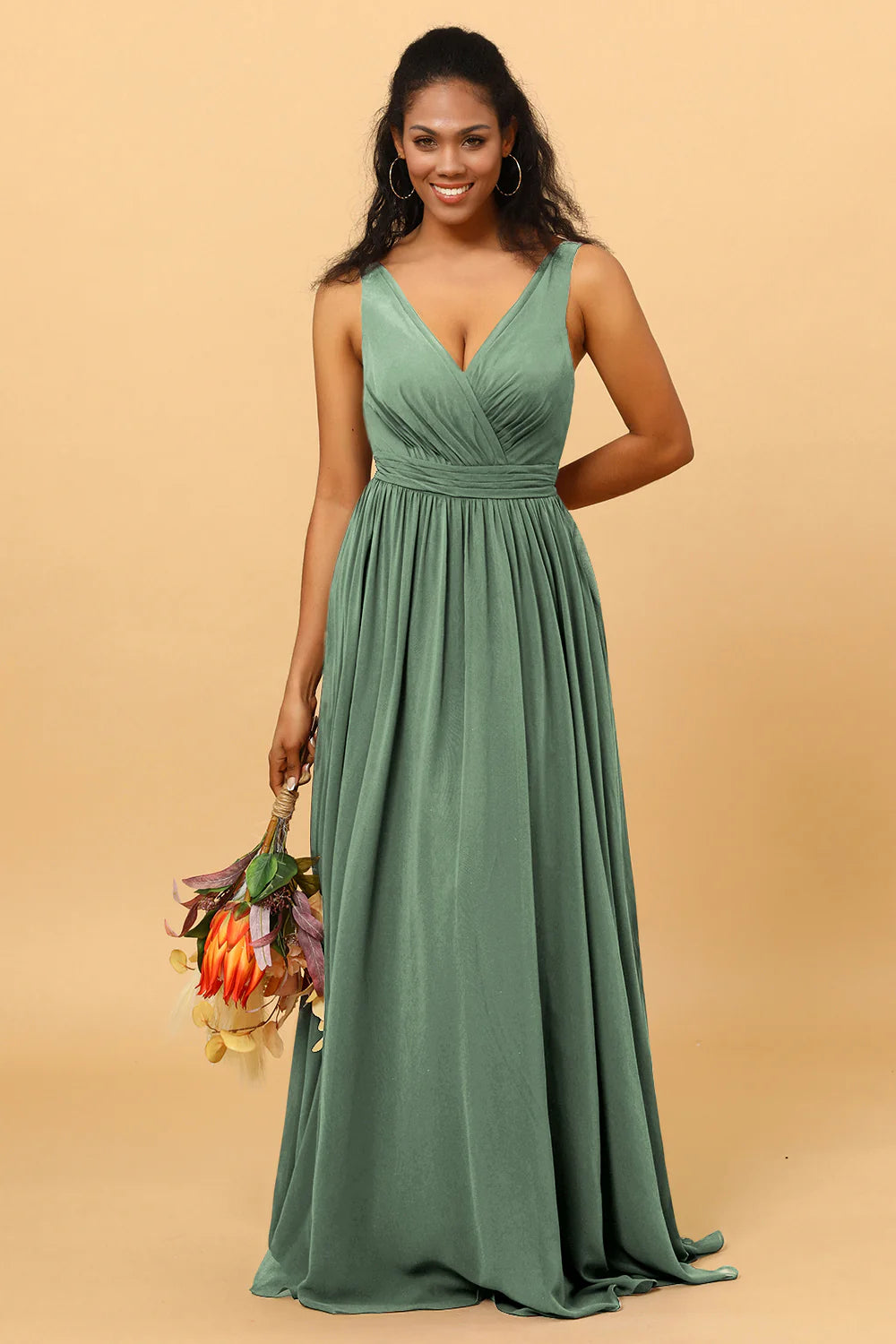 A Line V Neck Pleated Floor Length Long Chiffon Bridesmaid Dress