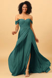 A Line Off the Shoulder Ruched Chiffon Floor Length Bridesmaid Dress with Slit