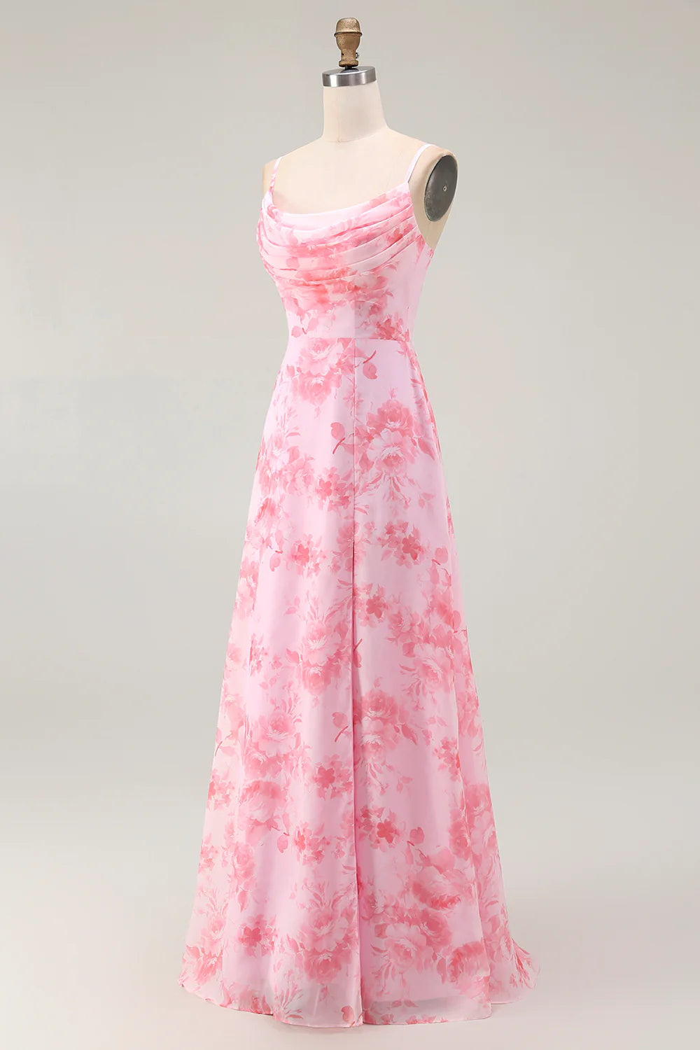 Pink Flower A Line Cowl Neck Print Long Bridesmaid Dress with Slit