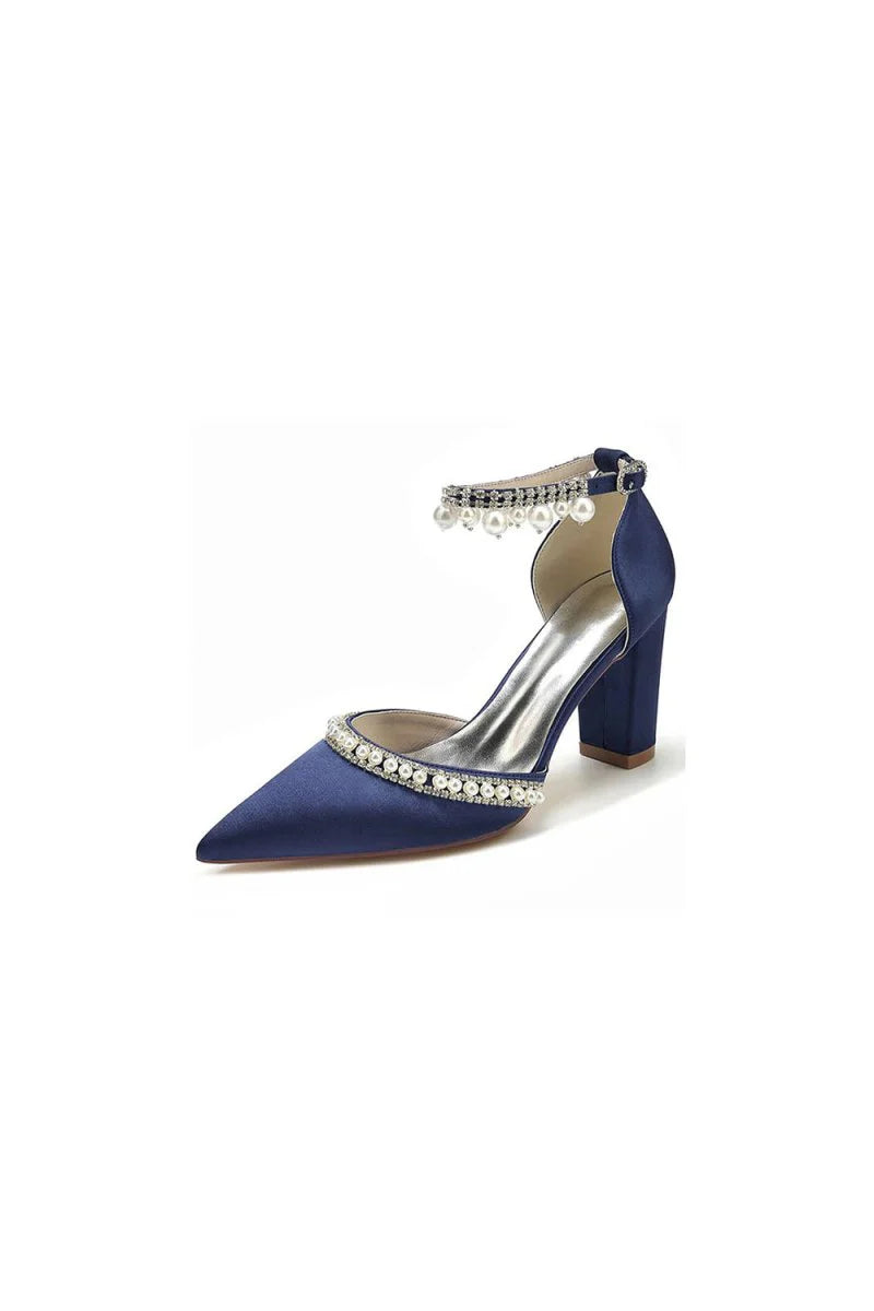 Womens Wedding Shoes Satin Block Heel Pearl Rhinestone Tassel Wedding Shoes
