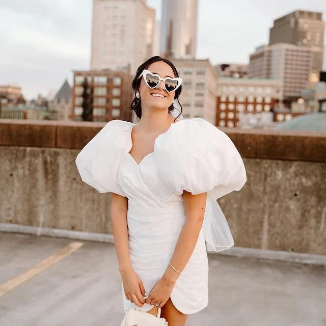 Sheath White Puff Sleeves Short V Neck Wedding Dress