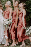 Bohemian Sheath Straps Rust Silk Satin Ankle Length Bridesmaid Dresses