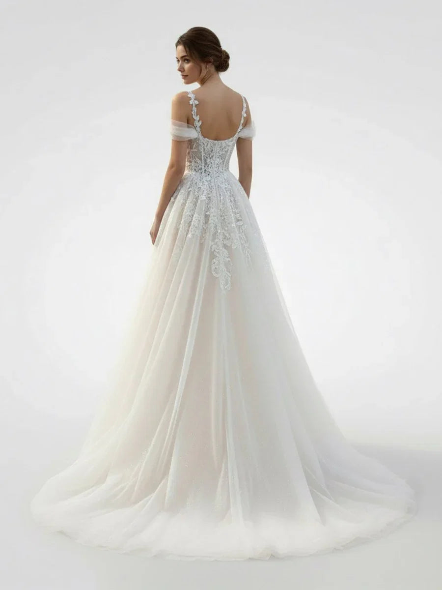 A Line Off The Shoulder Tulle Wedding Dresses With Appliques Lace