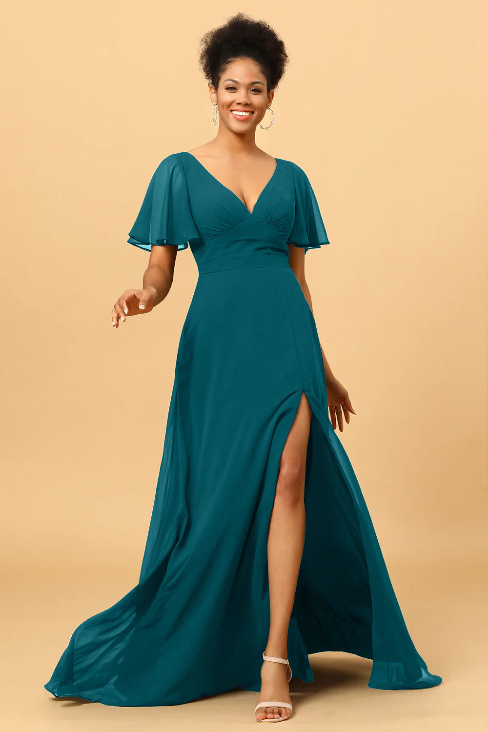 A Line V Neck Long Chiffon Bridesmaid Dress with Slit
