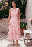 One Shoulder Floral Tiered A Line Pink Wedding Guest Dress
