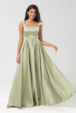 Dusty Sage A Line Square Neck Floor Length Satin Bridesmaid Dress with Pocket
