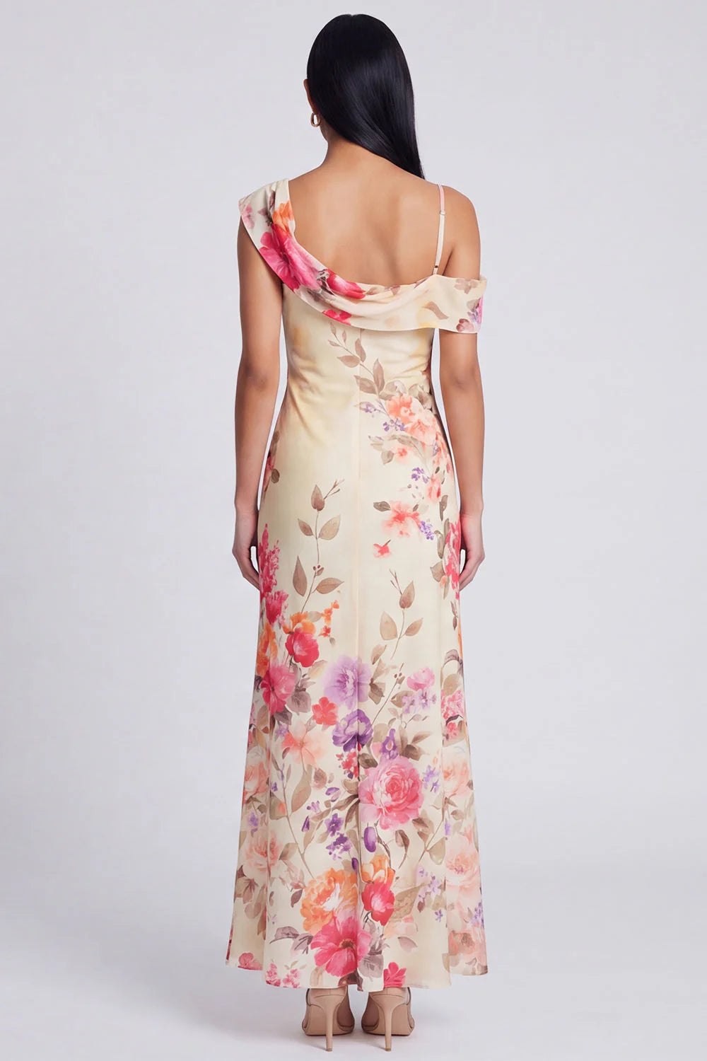 Champagne Asymmetrical Neck Floral Wedding Guest Dress