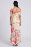 Champagne Asymmetrical Neck Floral Wedding Guest Dress