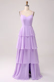 Lilac A Line Spaghetti Straps Tiered Floor Length Bridesmaid Dress With Slit
