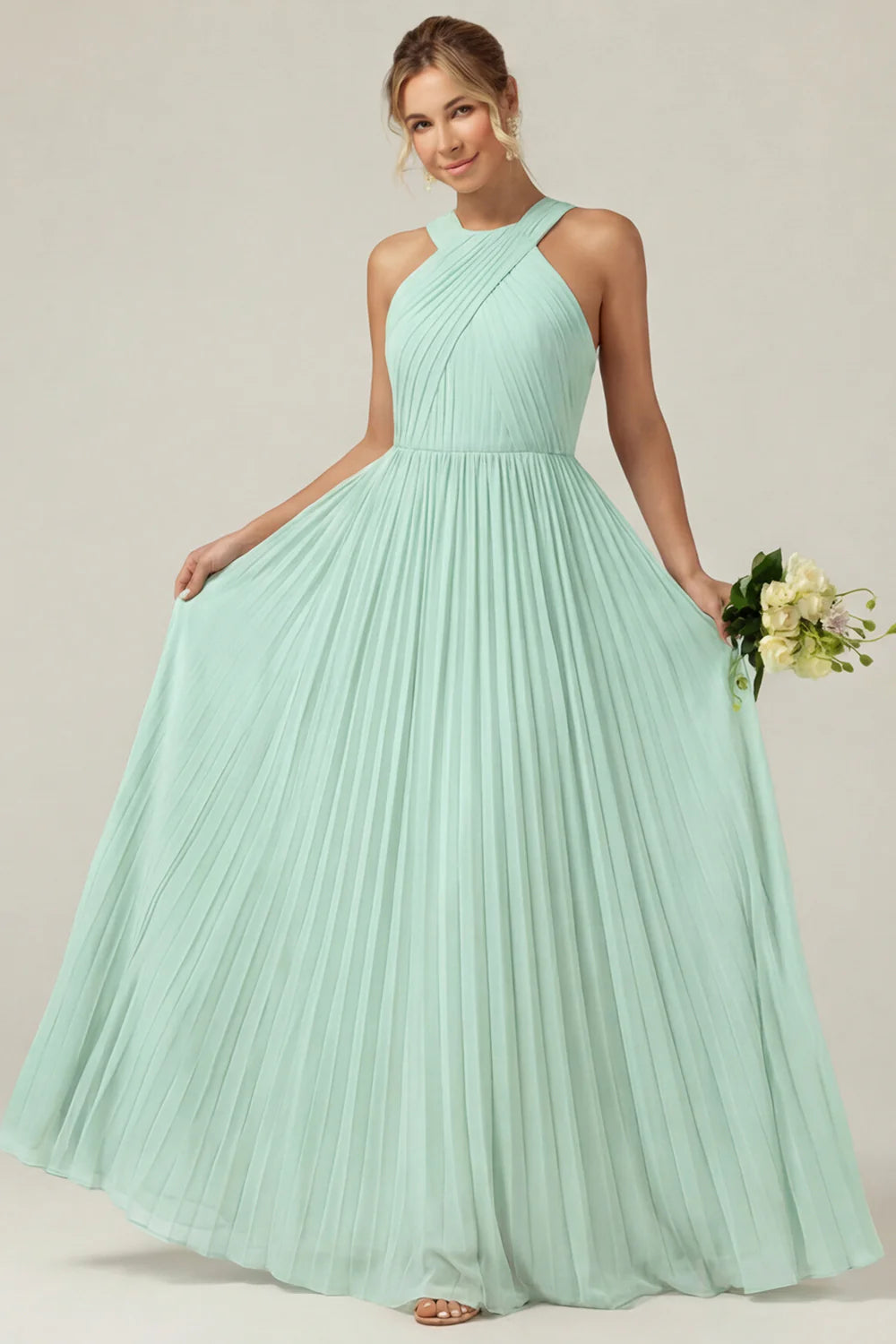 Dusty Sage A Line Halter Pleated Long Bridesmaid Dress