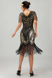 Black Golden Sequin Bodycon 1920s Flapper Dress with Tassles