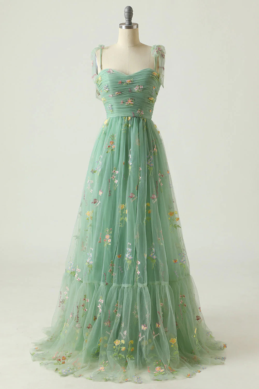Grey Blue A Line Spaghetti Straps Tulle Floral Long Prom Dress With Embroidery