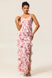 Blush Sheath Ruffle Chiffon Print Floral Long Bridesmaid Dress with Slit