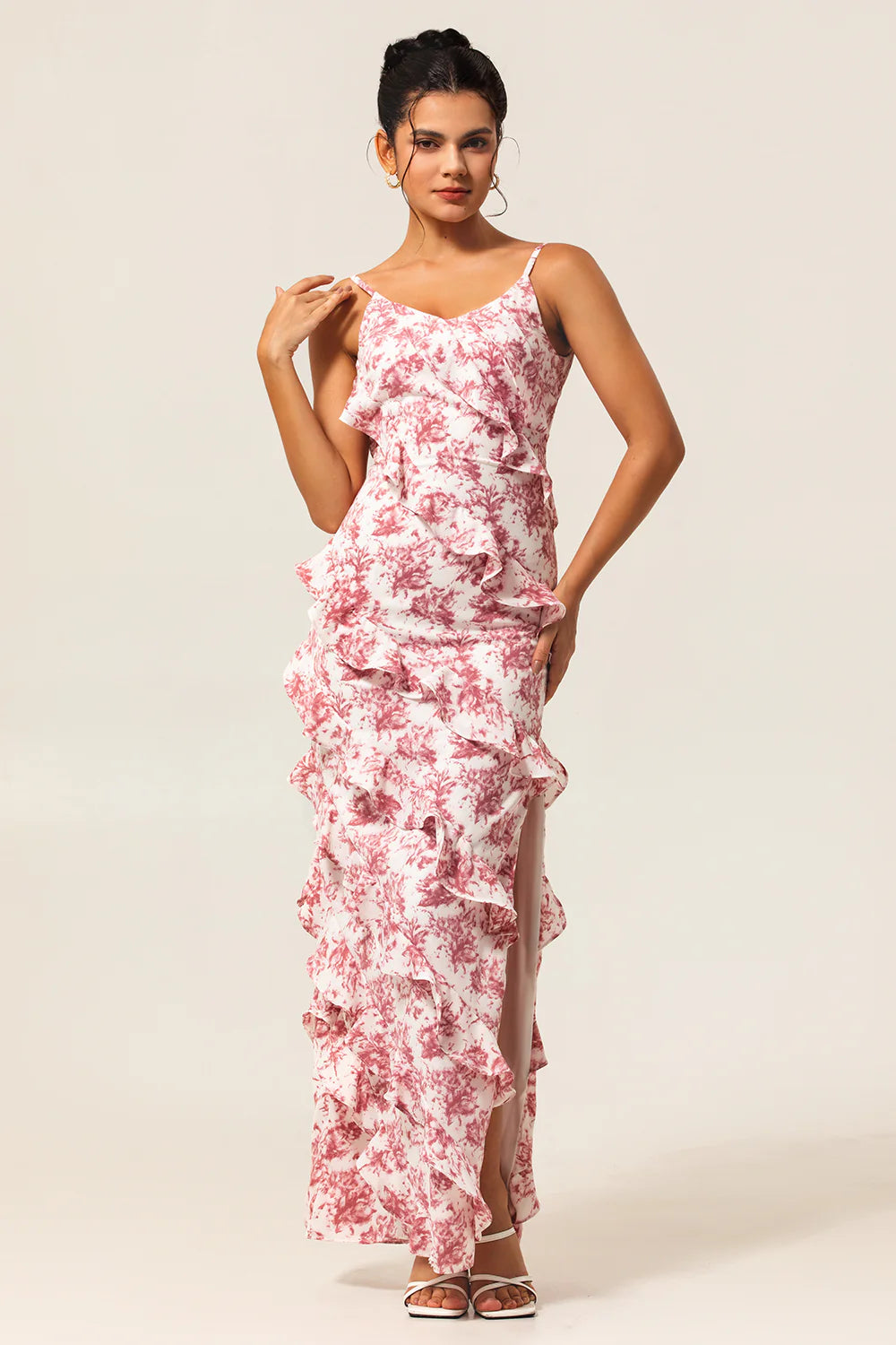 Blush Sheath Ruffle Chiffon Print Floral Long Plus Size Bridesmaid Dress with Slit
