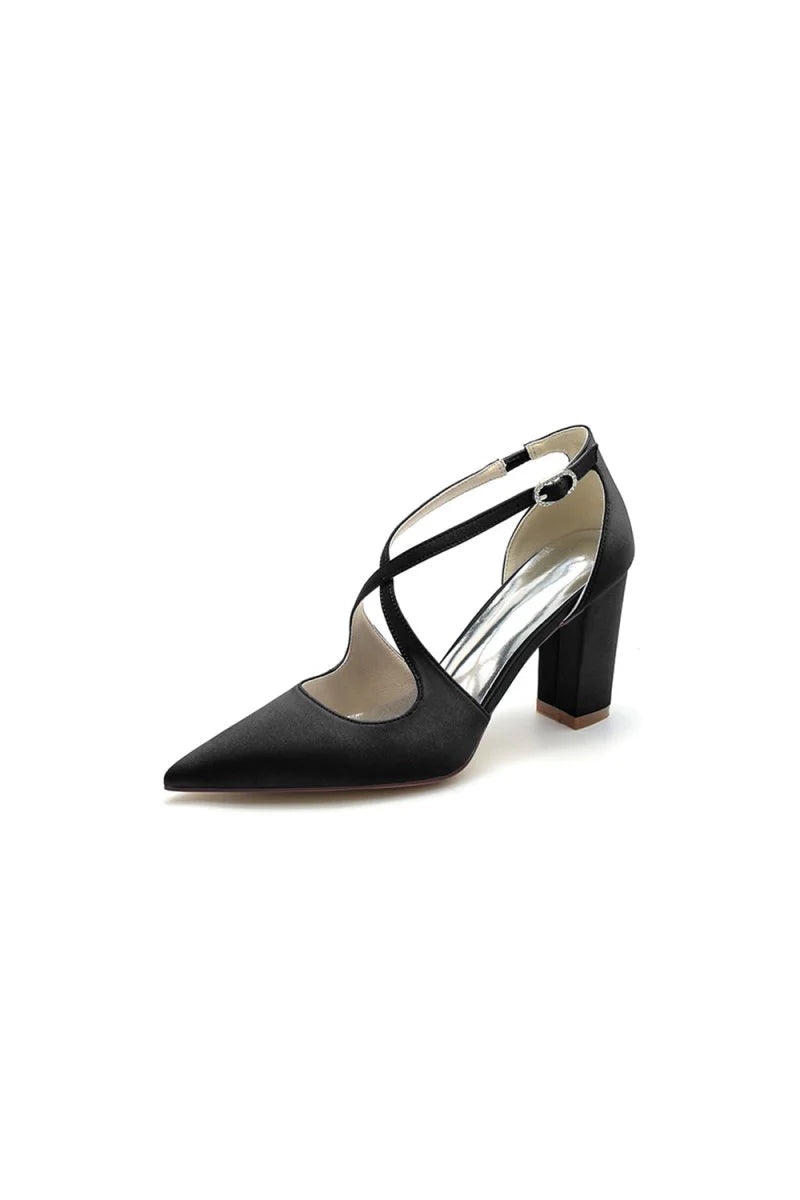 Black Satin Pump with Cross Strap Design