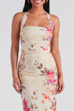 Champagne Halter Floral Wedding Guest Dress