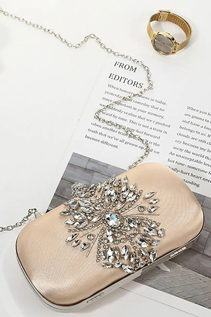 Beige Rhinestones Square Party Handbag