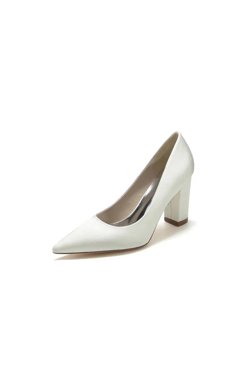 Pointed Toe Slip on Satin Chunky Heels