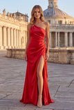 Red One Shoulder Mermaid Satin Cut Out Maxi Prom Dress