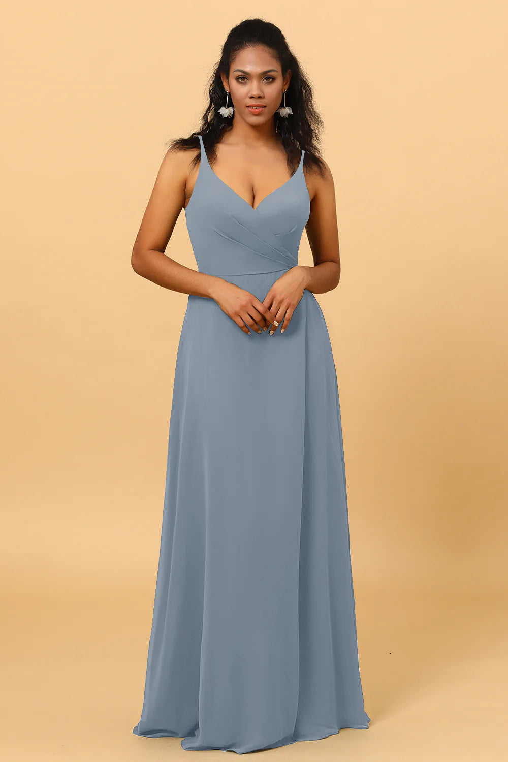 A Line V Neck Spaghetti Straps Floor Length Long Chiffon Bridesmaid Dress
